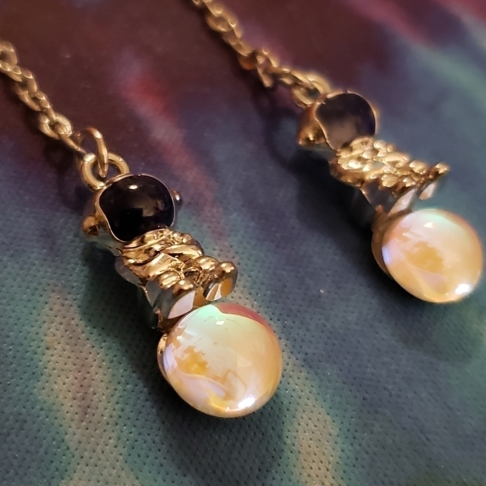 Handmade Iridescent Moon Space Astronaut Chain Dangle Earrings - Picture 3 of 6
